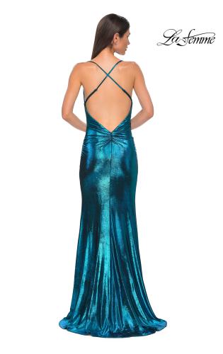 Picture of: Simple Metallic Jersey Dress with Draped Neckline and Low Back in Dark Teal, Style 32782, Detail Picture 8