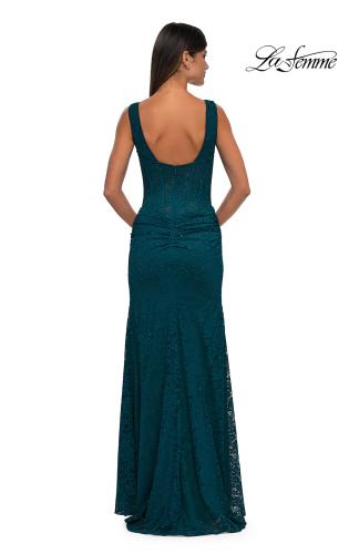 Picture of: Long Stretch Lace Prom Dress with Illusion Corset Waist in Dark Teal, Style: 32943, Detail Picture 8