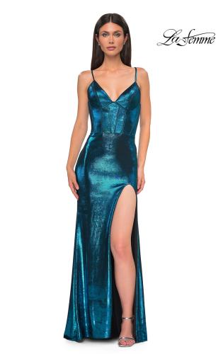 Picture of: Fitted Metallic Jersey Prom Dress with Corset Style Top in Dark Teal, Style 32877, Detail Picture 9