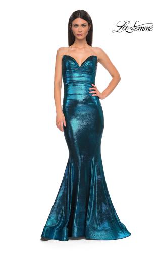 Picture of: Mermaid Metallic Prom Dress with Sweetheart Strapless Top in Dark Teal, Style 32995, Detail Picture 9