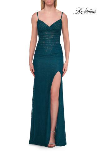 Picture of: Lace Fitted Gown with Sheer Corset Back and High Slit in Dark Teal, Style: 33305, Detail Picture 9