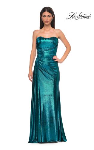 Picture of: Strapless Chic Metallic Jersey Dress with Draped Slit in Dark Teal, Style 32830, Detail Picture 10