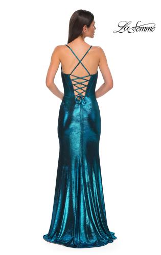 Picture of: Fitted Metallic Jersey Prom Dress with Corset Style Top in Dark Teal, Style 32877, Detail Picture 10