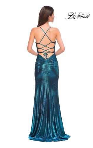 Picture of: Ruched Metallic Jersey Dress with Open Lace Up Back in Dark Teal, Style 32945, Detail Picture 10