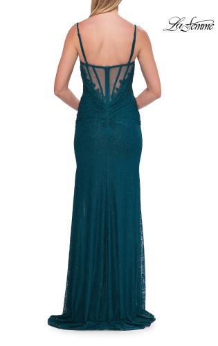 Picture of: Lace Fitted Gown with Sheer Corset Back and High Slit in Dark Teal, Style: 33305, Detail Picture 10