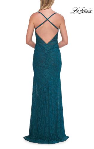 Picture of: Lace Fitted Gown with Slit and Crisscross Open Back in Dark Teal, Style: 33381, Detail Picture 10