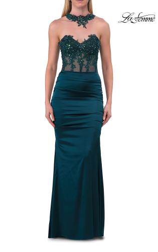 Picture of: Beaded High Neck Lace-Up Jersey Gown in Dark Teal, Style: 33696, Detail Picture 10