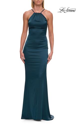 Picture of: Halter Satin Fitted Gown with Open Back in Dark Teal, Style: 33732, Detail Picture 11
