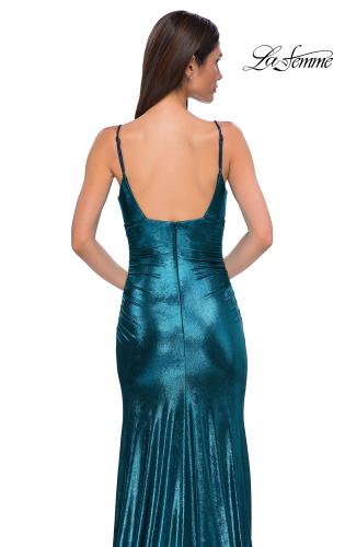 Picture of: Brushed Metallic Jersey Simple Prom Dress with Ruching in Dark Teal, Style 32812, Detail Picture 12