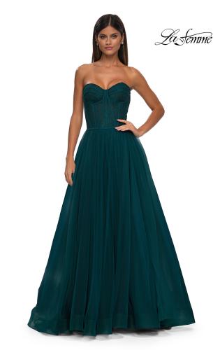 Picture of: A-line Tulle Gown with Lace Corset Bodice and Slit in Dark Teal, Style: 32579, Detail Picture 13