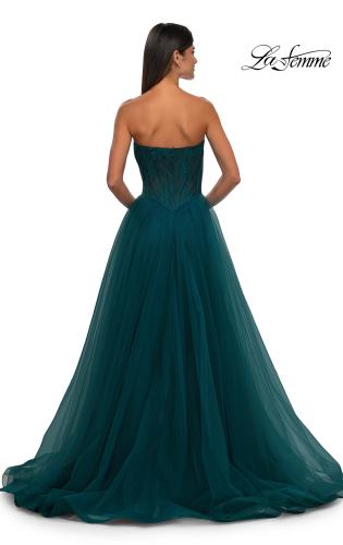Picture of: A-line Tulle Gown with Lace Corset Bodice and Slit in Dark Teal, Style: 32579, Detail Picture 14