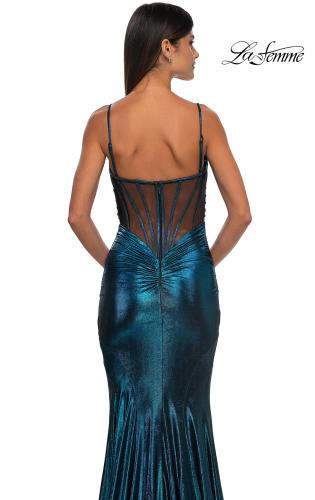 Picture of: Mermaid Metallic Jersey Dress with Draped Neckline in Dark Teal, Style: 32897, Detail Picture 14