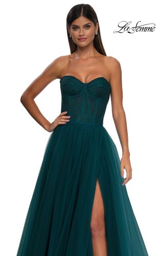 Picture of: A-line Tulle Gown with Lace Corset Bodice and Slit in Dark Teal, Style: 32579, Detail Picture 15