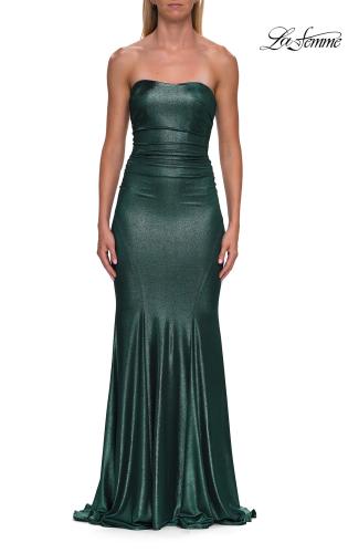 Picture of: Strapless Metallic Jersey Gown with Ruching and Fitted Silhouette in Dark Teal, Style: 33424, Detail Picture 17