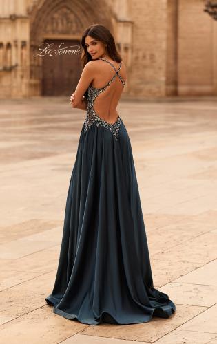 Picture of: A-Line Satin Gown with Embellished Straps and Open Back in Dark Teal, Style: 33796, Back Picture