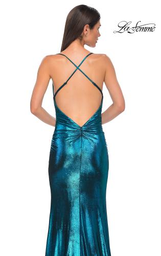 Picture of: Simple Metallic Jersey Dress with Draped Neckline and Low Back in Dark Teal, Style 32782, Detail Picture 18