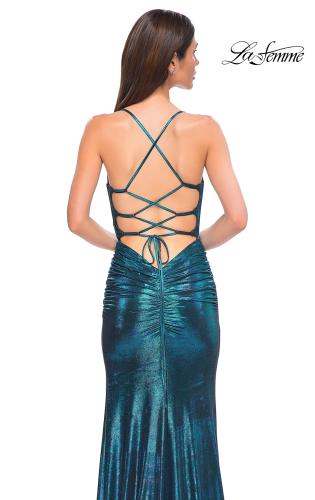 Picture of: Ruched Metallic Jersey Dress with Open Lace Up Back in Dark Teal, Style 32945, Detail Picture 18