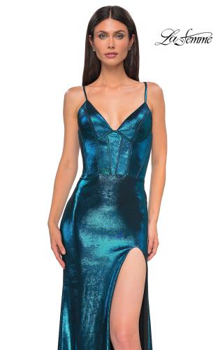 Picture of: Fitted Metallic Jersey Prom Dress with Corset Style Top in Dark Teal, Style 32877, Detail Picture 19