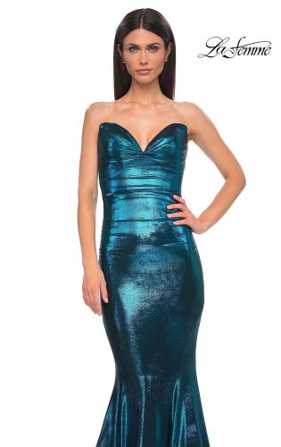 Picture of: Mermaid Metallic Prom Dress with Sweetheart Strapless Top in Dark Teal, Style 32995, Detail Picture 19
