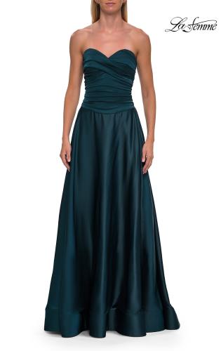 Picture of: Strapless Satin A-Line Gown with Draped Bodice and High Slit in Dark Teal, Style: 33417, Detail Picture 20