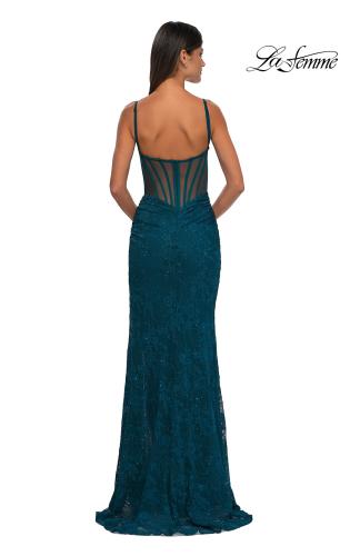 Picture of: Stretch Lace Prom Dress with Illusion Back and Sides in Dark Teal, Style: 32529, Detail Picture 3