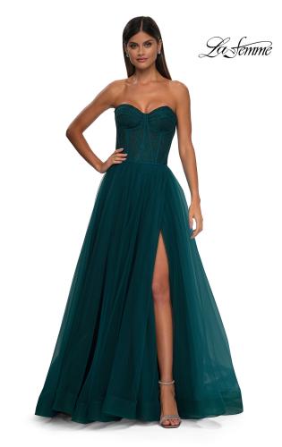 Picture of: A-line Tulle Gown with Lace Corset Bodice and Slit in Dark Teal, Style: 32579, Detail Picture 3