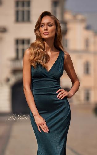 Picture of: Metallic Jersey Gown with V-Neckline and Low Back in Dark Teal, Style: 33425, Detail Picture 3
