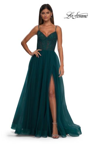 Picture of: Beautiful A-line Tulle Dress with Eyelet Neckline and Lace Top in Dark Teal, Style: 32594, Detail Picture 6