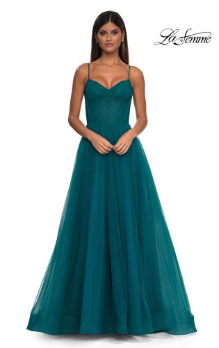 Picture of: Prom Dress with Sparkle Tulle and Ruched Corset Top in Dark Teal, Style: 32680, Detail Picture 6