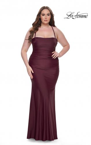 Picture of: Ruched Jersey Plus Dress with Lace Up Back in Dark Wine, Style: 32195, Detail Picture 1