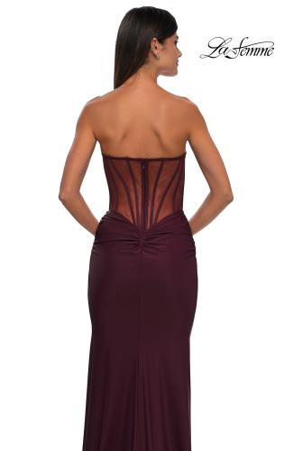 Picture of: Evening Dress with Illusion Strapless Bodice and Lace Applique in Dark Wine, Style: 32912, Detail Picture 14
