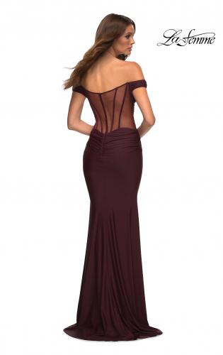Picture of: Luxe Off the Shoulder Gown with Mesh Side and Back Panels in Red, Style: 30449, Detail Picture 4