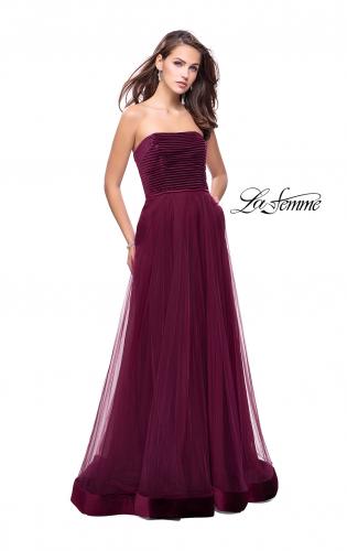 Picture of: Long Strapless Prom Dress with Velvet Bodice Detail in Burgundy, Style: 25408, Detail Picture 1