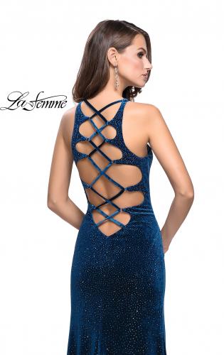 Picture of: Sparkling Velvet Prom Dress with Rhinestone Beading in Dark Teal, Style: 25679, Back Picture