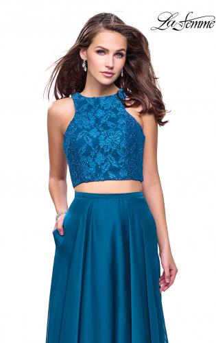 Picture of: Two Piece Prom Gown with Beaded lace Top and Pockets in Dark Teal, Style: 26087, Detail Picture 1