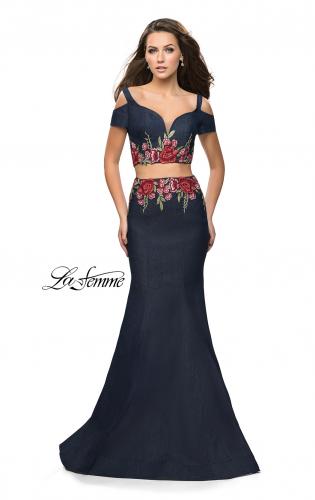 Picture of: Denim Two Piece Prom Dress with Floral Applique in Dark Wash, Style: 25848, Main Picture