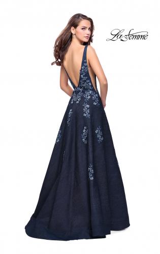 Picture of: Denim A-line Ball Gown with Floral Embellishments in Dark Wash, Style: 26265, Back Picture