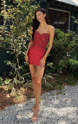 Picture of: Strapless Lace Applique Corset Cocktail Dress in Deep Red, Style 33242, Detail Picture 10