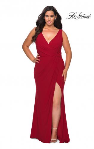 Picture of: Jersey Plus Size Prom Dress with V-Neckline and Slit in Deep Red, Style: 28882, Detail Picture 2
