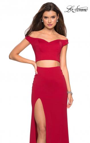 Picture of: Faux Two Piece Long Off the Shoulder Prom Dress in Deep Red, Style: 27496, Main Picture
