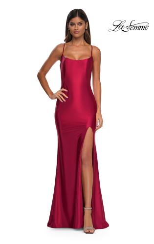 Picture of: Chic Stretch Satin Dress with Illusion Mesh Back in Deep Red, Style: 32640, Detail Picture 8