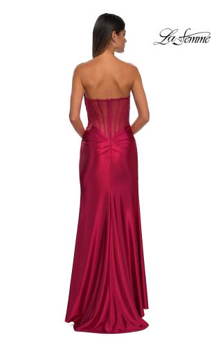 Picture of: Strapless Stretch Satin Dress with Sheer Corset Back in Deep Red, Style: 32649, Detail Picture 12