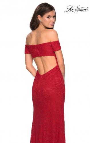 Picture of: Off The Shoulder Long Stretch Lace Prom Dress in Deep Red, Style: 26998, Back Picture