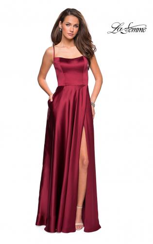 Picture of: Satin Formal Prom Gown with Scoop Neck and Pockets in Deep Red, Style: 26977, Detail Picture 4