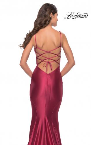 Picture of: Liquid Jersey Mermaid Gown with Lace Up Back in Deep Red, Style: 31295, Detail Picture 6