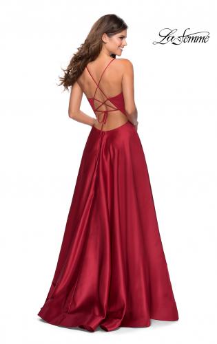 Picture of: V-Neck Satin Prom Dress with Lace Up Back in Deep Red, Style: 28628, Detail Picture 7