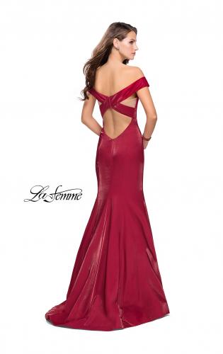 Picture of: Off the Shoulder Satin Prom Dress with Strappy Back in Deep Red, Style: 25764, Back Picture