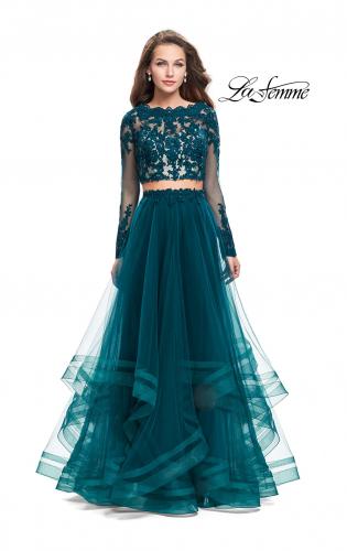 Picture of: Long Two Piece Prom Dress with Tulle Skirt and Lace Top in Deep Teal, Style: 25300, Detail Picture 1
