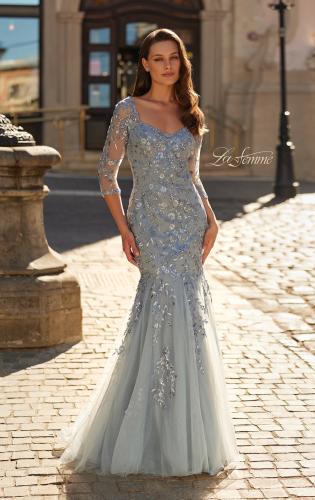 Picture of: Lace Tulle Mermaid Gown with Illusion Sleeves in Dusty Blue, Style: 31799, Main Picture