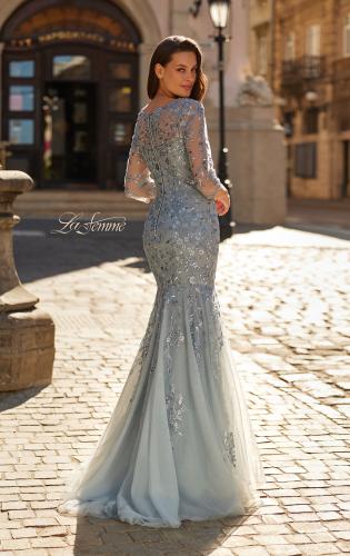 Picture of: Lace Tulle Mermaid Gown with Illusion Sleeves in Dusty Blue, Style: 31799, Back Picture